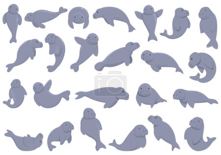 Téléchargez les illustrations : Les icônes du dugong définissent un vecteur de dessin animé. Animal aquatique. Caractère aquatique - en licence libre de droit