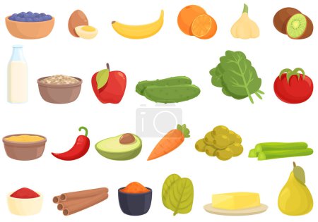 Illustration for Ayurvedic diet icons set cartoon vector. Food eating. Holistic cooking - Royalty Free Image