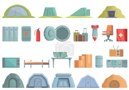 Illustration for Bomb shelter icons set cartoon vector. Bunker bomb. Nuclear safe - Royalty Free Image