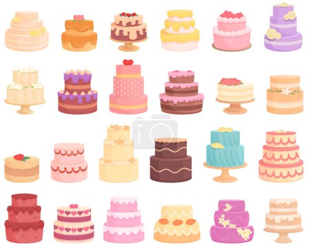 Téléchargez les illustrations : Icônes gâteau de mariage ensemble vecteur de dessin animé. Une fleur de boulangerie. Date d'anniversaire - en licence libre de droit