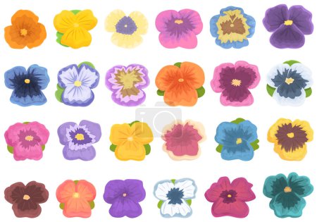 Illustration for Pansy flower icons set cartoon vector. Floral blooms. Garden viola - Royalty Free Image