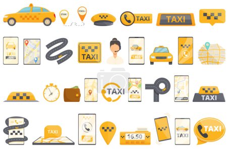 Ilustración de Iconos de llamada de taxi conjunto vector de dibujos animados. Aplicación en línea. Viaje de pago - Imagen libre de derechos