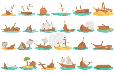 Illustration for Shipwreck icons set cartoon vector. Sea island. Beach boat - Royalty Free Image