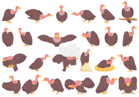 Téléchargez les illustrations : Icônes de vautour mis vecteur de dessin animé. Oiseau animal. Afrique proie - en licence libre de droit