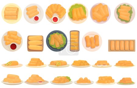 Illustration for Spring roll icons set cartoon vector. Asia food. Cheese sauce - Royalty Free Image