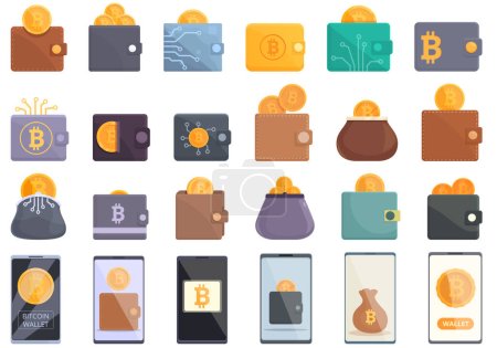 Bitcoin icônes portefeuille définir vecteur de dessin animé. Un portefeuille d'argent. Virement bancaire