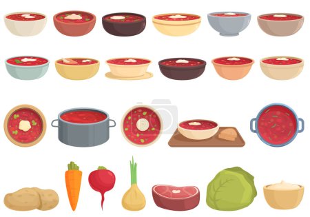 Ilustración de Iconos Borsch conjunto vector de dibujos animados. Comida de remolacha. Cocinar la zanahoria - Imagen libre de derechos