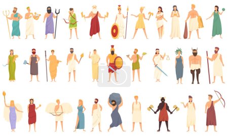 Téléchargez les illustrations : Icônes mythologie grecque mis vecteur de dessin animé. Dieu Roman. Hestia Cupidon - en licence libre de droit