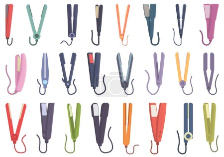 Illustration for Hair straightener icons set cartoon vector. Salon iron. Hair styler - Royalty Free Image