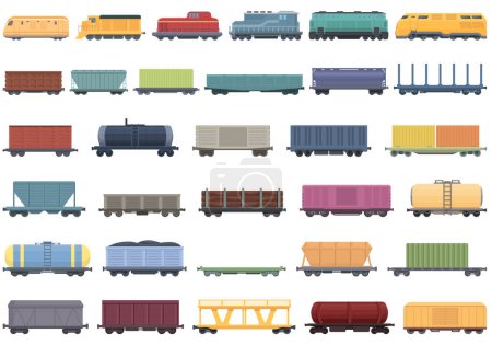 Illustration for Train freight wagons icons set cartoon vector. Diesel locomotive. Side cargo - Royalty Free Image
