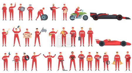 Racing team icons set cartoon vector. Stop car. Team tire