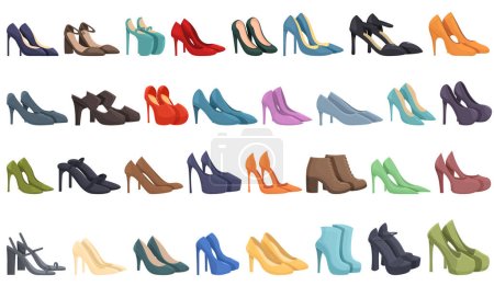 Ilustración de Tacones altos mujer zapatos iconos conjunto vector de dibujos animados. Tacón de chica. Zapato par - Imagen libre de derechos