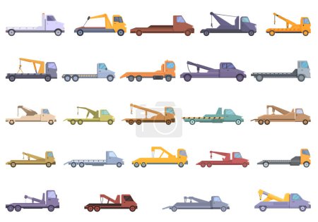 Ilustración de Rescate de remolque iconos conjunto de dibujos animados vector. Accidente de coche. Grúa de carretera - Imagen libre de derechos