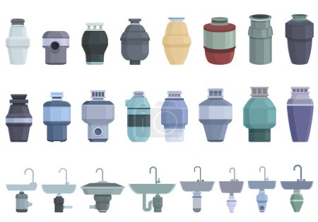Ilustración de Los iconos de Food Waste Disposer establecen un vector de dibujos animados. Lavabo de basura. Alimentos desperdiciados - Imagen libre de derechos