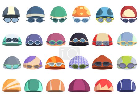 Illustration for Swimming cap icons set cartoon vector. Pool swim. Water cap - Royalty Free Image