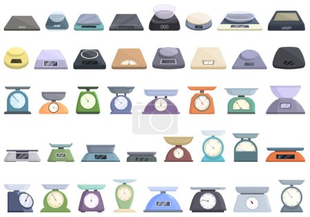 Illustration for Kitchen scales icons set cartoon vector. Food balance. Scale product - Royalty Free Image