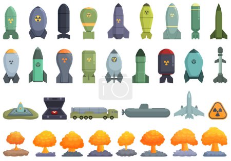 Los iconos de armas nucleares establecen un vector de dibujos animados. Nave militar. Arma del ejército