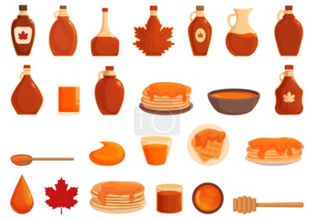 Maple syrup icons set cartoon vector. Pancake stack. Sweet kitchen