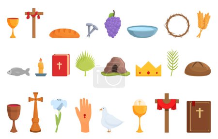 Illustration for Holy week icons set cartoon vector. Easter happy. Celebration holiday - Royalty Free Image
