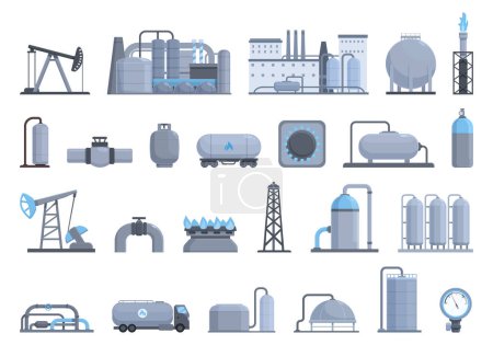 Téléchargez les illustrations : Icônes de production de gaz mis vecteur de dessin animé. Appareil de forage de pipeline. Tuyau de réservoir - en licence libre de droit