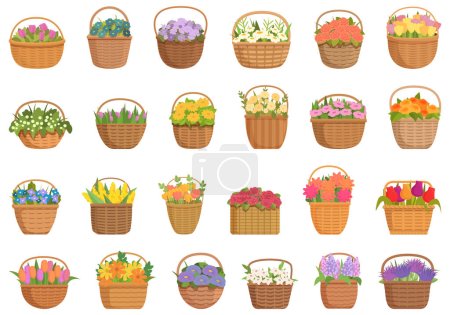 Illustration for Flower basket icons set cartoon vector. Summer nature. Easter basket - Royalty Free Image