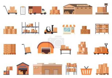 Illustration for Wholesale store icons set cartoon vector. Marketplace supplier. Retail market - Royalty Free Image