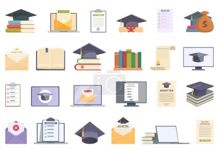 Illustration for College admission icons set cartoon vector. University education. Computer test - Royalty Free Image
