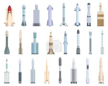 Illustration for Reusable space rockets icons set cartoon vector. Shuttle travel. Science future - Royalty Free Image