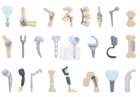 Téléchargez les illustrations : Implants orthopédiques icônes ensemble vecteur de dessin animé. Remplacement de la hanche. Point de chirurgie - en licence libre de droit