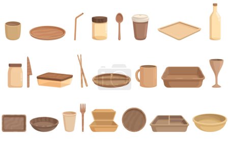 Biodegradable tableware icons set cartoon vector. Food paper. Party plate