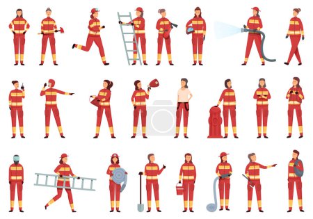 Illustration for Woman firefighter icons set cartoon vector. Work girl. Person rescue - Royalty Free Image