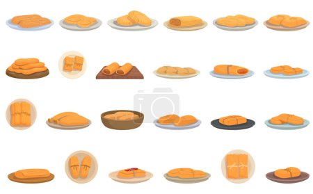Téléchargez les illustrations : Tamales icônes définir vecteur de dessin animé. Cuisine. Poulet à feuilles - en licence libre de droit