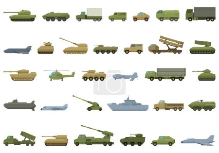 Téléchargez les illustrations : Véhicules militaires icônes ensemble vecteur de dessin animé. Pistolet de guerre. Métal cible - en licence libre de droit