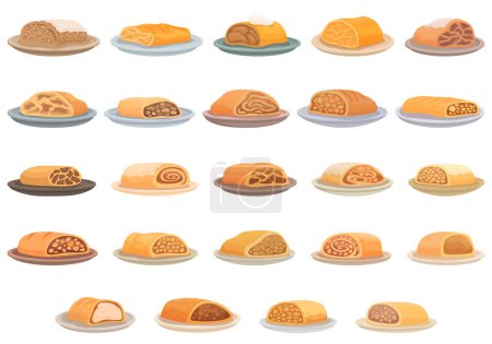 Ilustración de Strudel iconos conjunto vector de dibujos animados. Comida de manzana. Panadería de frutas - Imagen libre de derechos