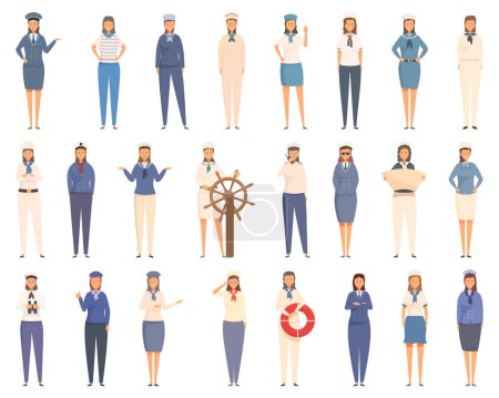 Téléchargez les illustrations : Icônes de marin femme définir vecteur de dessin animé. La mode populaire. Navire de travail - en licence libre de droit