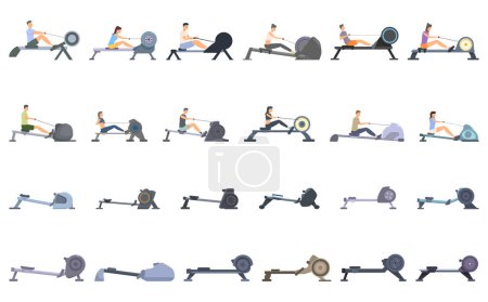 Illustration for Rowing Machine icons set cartoon vector. Active row. Fitness health - Royalty Free Image