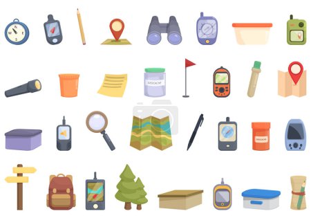 Illustration for Geocaching icons set cartoon vector. Travel city. Road map - Royalty Free Image
