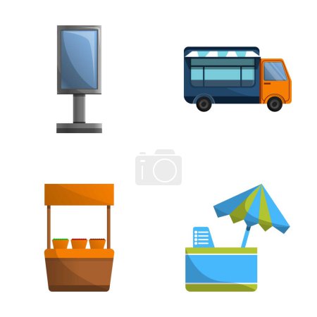 Illustration for Street vending icons set cartoon vector. Street stall and food truck. Food festival - Royalty Free Image
