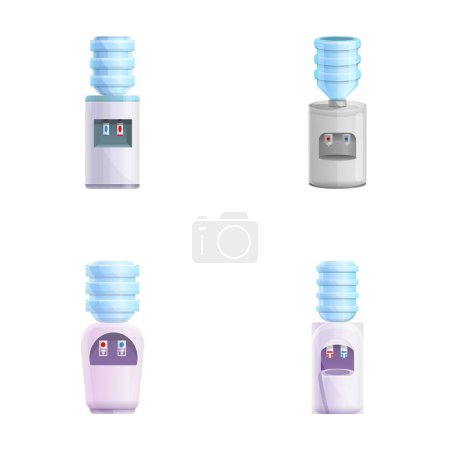 Illustration for Water cooler icons set cartoon vector. Large water dispenser. Home and office equipment - Royalty Free Image