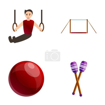 Illustration for Playing sport icons set cartoon vector. Male athlete doing rings exercise. Gymnastic, calisthenic tool - Royalty Free Image