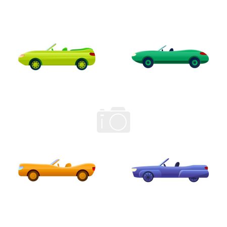Téléchargez les illustrations : Icônes Cabriolet définir vecteur de dessin animé. Convertible en différentes couleurs. Voiture particulière - en licence libre de droit