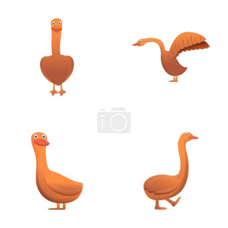 Illustration for Goose bird icons set cartoon vector. Domestic waterfowl. Farm poultry, livestock - Royalty Free Image