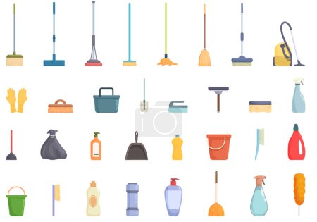 Téléchargez les illustrations : Icônes de service de nettoyage à domicile définir vecteur de dessin animé. Travaux ménagers. Meubles domestiques - en licence libre de droit
