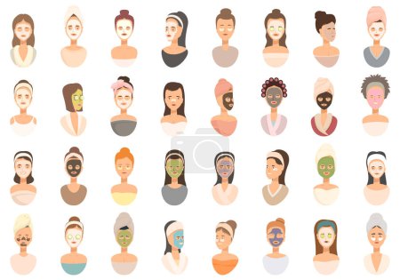 Illustration for Face mask spa icons set cartoon vector. Facial sheet. Spa pack - Royalty Free Image