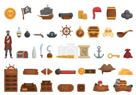 Illustration for Pirate game icons set cartoon vector. Skull box treasure. Man ship game - Royalty Free Image