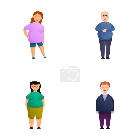 Illustration for Overweight person icons set cartoon vector. Man and woman overweight. Obese, health problem - Royalty Free Image
