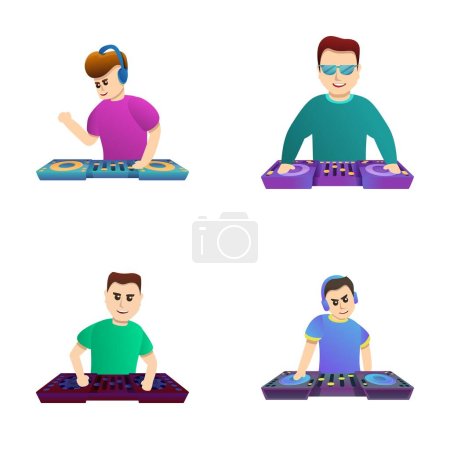 Illustration for Dj icons set cartoon vector. Man dj playing music on concert. Club music - Royalty Free Image