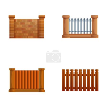 Illustration for Fence icons set cartoon vector. Stone, metal and wooden fence part. Fencing, architectural element - Royalty Free Image