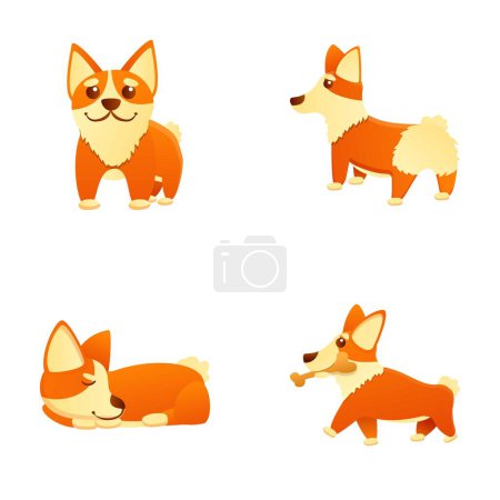 Illustration for Corgi dog icons set cartoon vector. Cute standing, running and lying dog. Cartoon character - Royalty Free Image
