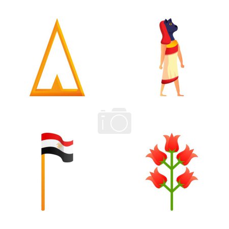 Téléchargez les illustrations : Egypte icônes de symbole mis vecteur de dessin animé. Divinité égyptienne, drapeau de pays et fleur. Égypte, concept de voyage - en licence libre de droit